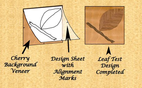 The test piece design with firstly on the left the blank veneer with the tracing taped to the top edge and on the right the finished test piece design